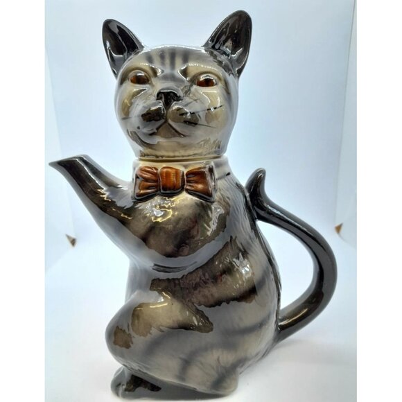 VINTAGE "FOOT" TONY WOOD STUDIO GREY/BLACK TABBY CAT TEA POT EUC - Picture 1 of 12